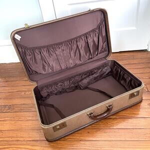 Antique Flylite John Wanamaker Philadelphia Brown Tweed Suitcase Satin Monogram